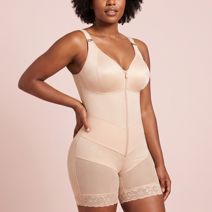 Sculpting Zip Bodysuit with Built-In Bra in Beige