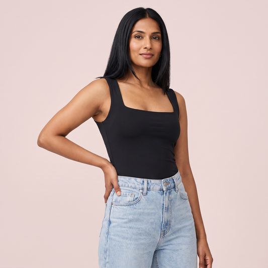 Square-Neck Double-Layer Smoothing Tank in Black