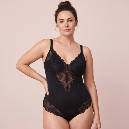 Lace V-Neck Sculpting Bodysuit in Black