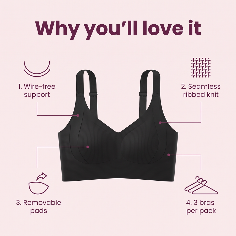 Ribbed V-Neck Support Bra (3-Pack)